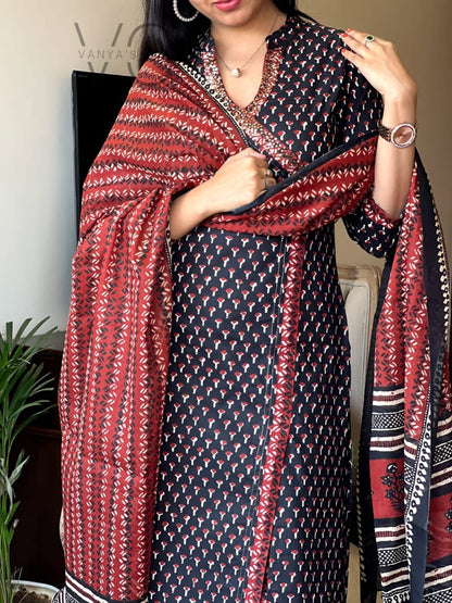 Maroon Black Hand Block Print Angrakha Kurti Set